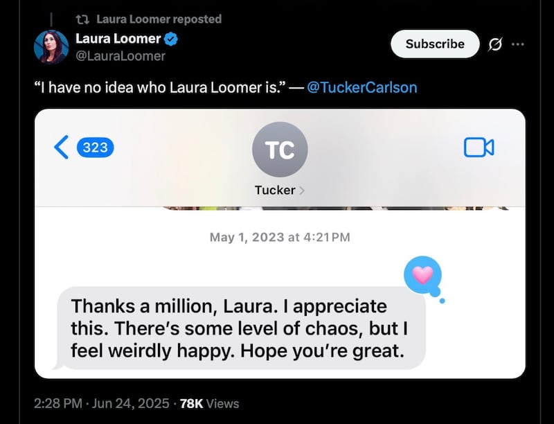 Laura Loomer posts a text she says is from Tucker Carlson.