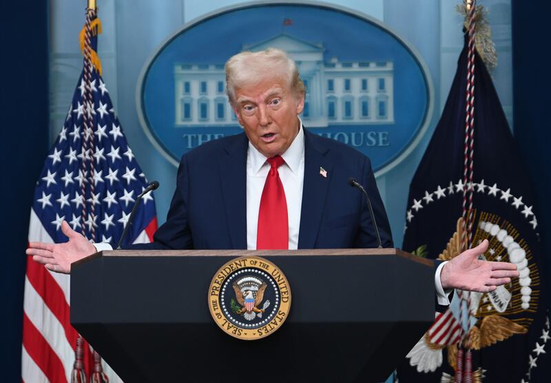 U.S. President Donald Trump speaks about the mid-air crash between American Airlines and a military helicopter, at the White House on January 30, 2025 in Washington, DC.