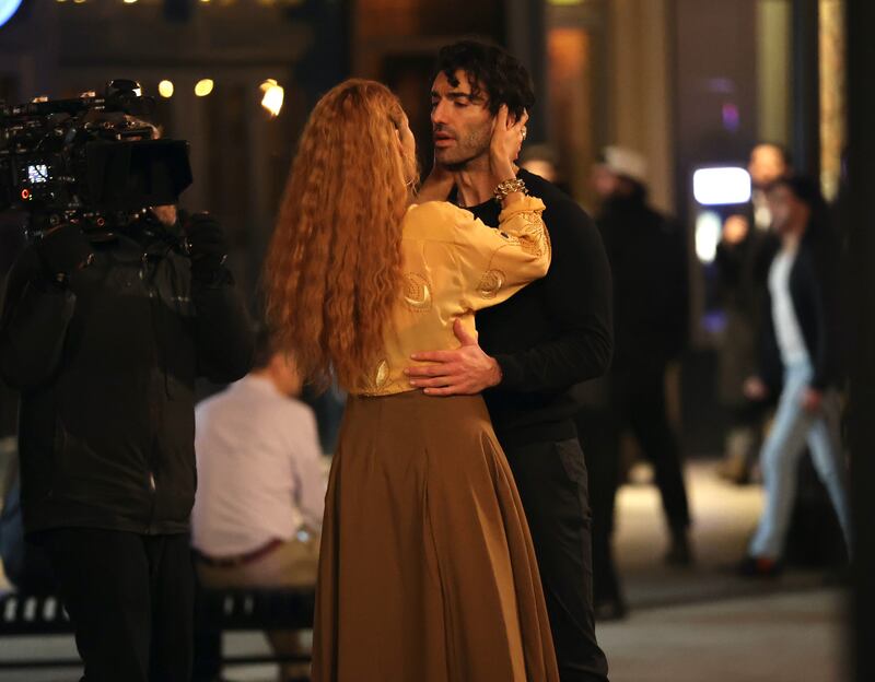 Blake Lively and Justin Baldoni are seen on the set of "It Ends with Us" on January 12, 2024 in Jersey City, New Jersey.