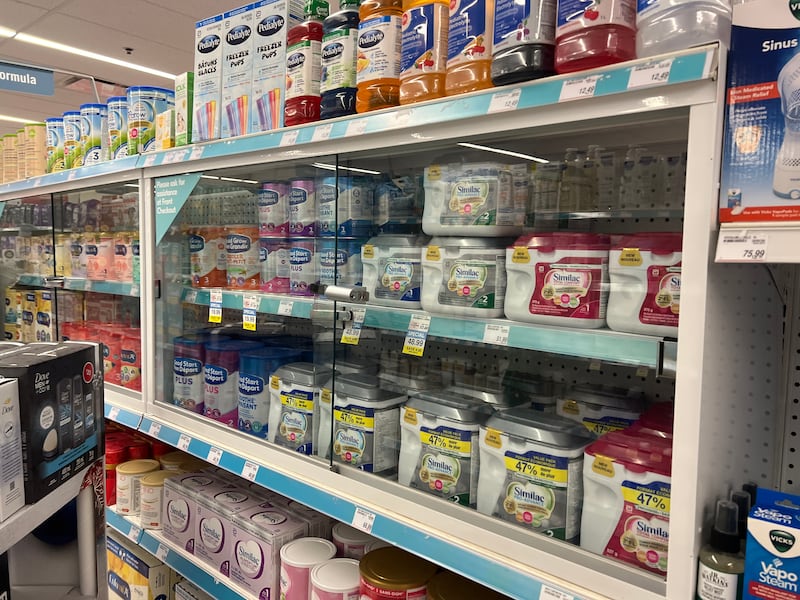 An anti-theft locked display case contains baby formula at a pharmacy in Toronto, Ontario, Canada, on December 18, 2024. In an attempt to stop retail theft, big chain stores lock up more and more of their wares. Customers are not happy about the extended wait times and decreasing ease of quickly obtaining even the cheapest items. According to Statistics Canada, rates of shoplifting jump 31% in 2022 compared to 2021. The Retail Council of Canada (RCC) says some of its members report a 300% increase in thefts since 2020, pegging the losses at $5 billion a year. (Photo by Creative Touch Imaging Ltd./NurPhoto via Getty Images)