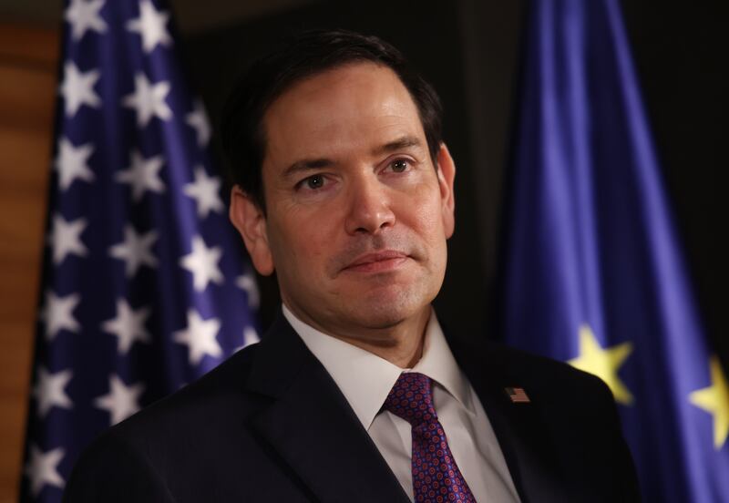 Secretary of State Marco Rubio arrives to meet with German Foreign Minister Annalena Baerbock at the 61st Munich Security Conference on February 15, 2025 in Munich, Germany.