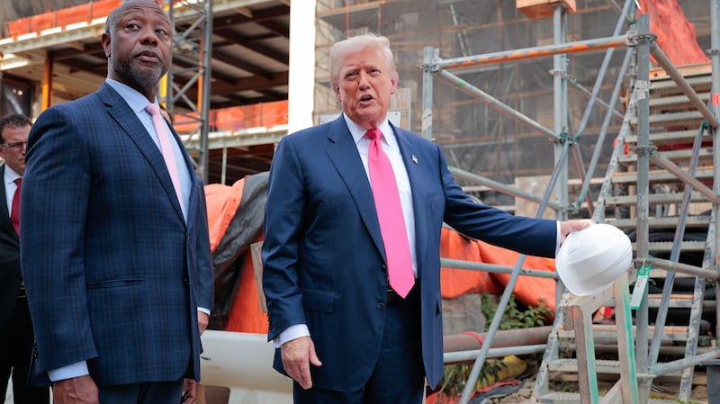 WASHINGTON, DC - JULY 24: U.S. President Donald Trump (R) delivers remarks alongside Sen. Tim Scott (R-SC) as they tour the Federal Reserve’s $2.5 billion headquarters renovation project on July 24, 2025 in Washington, DC. The Trump administration has been critical of the cost of the renovation and Federal Reserve Chairman Jerome Powell. (Photo by Chip Somodevilla/Getty Images)