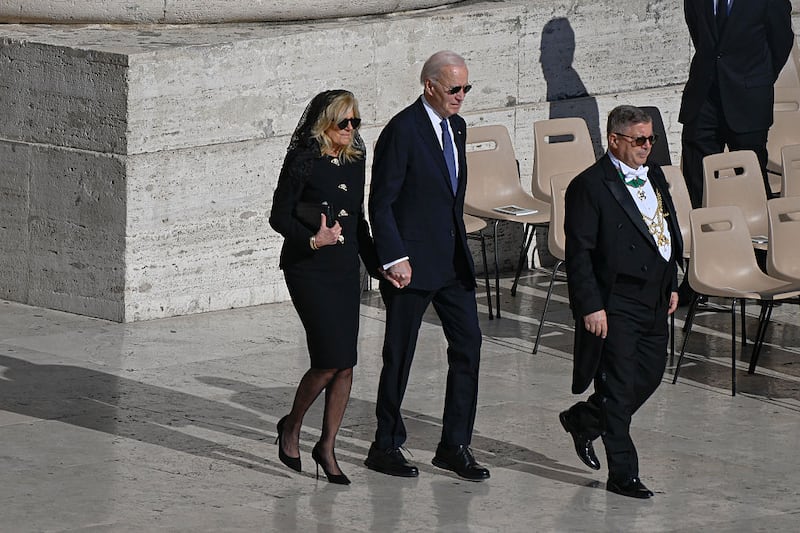 Former President Joe Biden arrives at Pope Francis’ funeral last month.