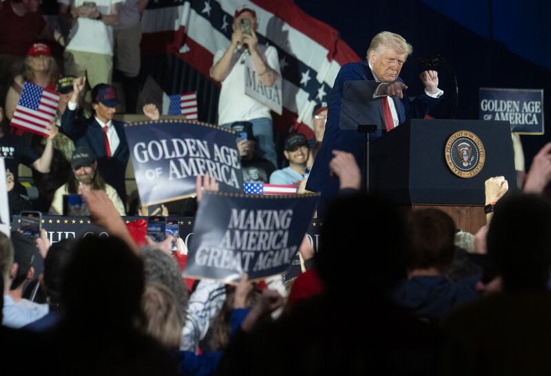 President Donald Trump delivers a speech in Warren, Michigan, on April 29, 2025.