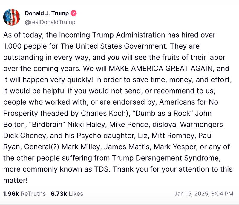 Donald Trump 01/15/2025 Truth Social post.