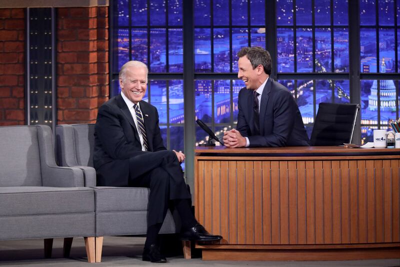 LATE NIGHT WITH SETH MEYERS -- Episode 0435 -- Pictured: (l-r) Vice President Joe Biden during an interview with host Seth Meyers on October 12, 2016 --