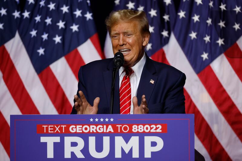 Republican presidential candidate and former U.S. President Donald Trump addresses a campaign rally at the Forum River Center March 09, 2024 in Rome, Georgia.