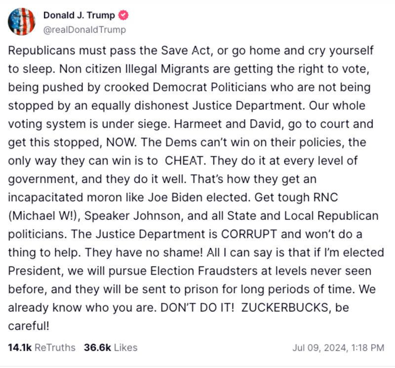 Screenshot/Donald Trump/Truth Social