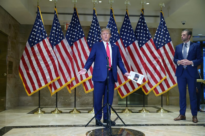Former President Donald Trump speaks to the media following closing arguments at his civil fraud trial on Jan. 11, 2024 in New York City.