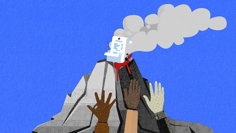 An illustration of an itemized receipt on top of a volcano with a bunch of hands reaching for it