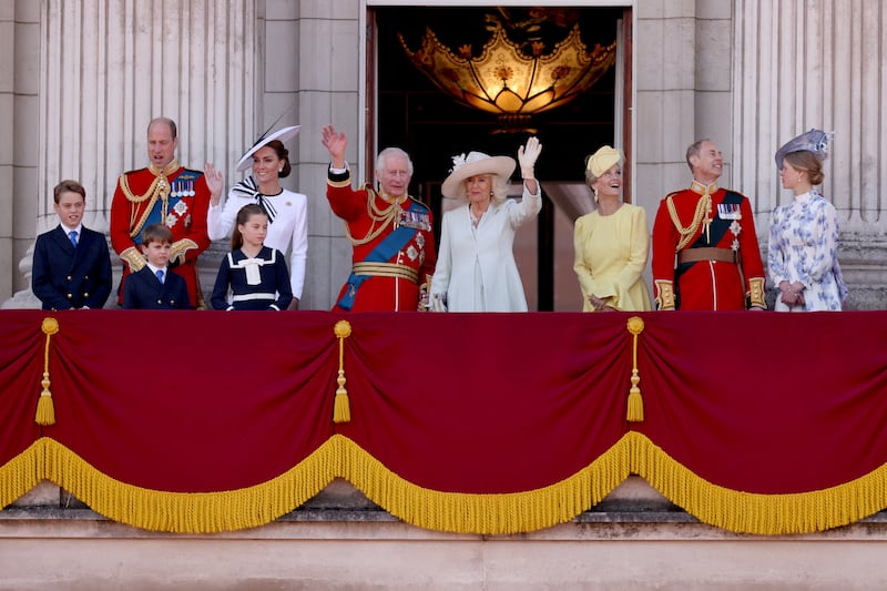 King Charles, Queen Camilla, William, Prince of Wales, Catherine, Princess of Wales, Prince George, Princess Charlotte, Prince Louis, Sophie, Duchess of Edinburgh, Prince Edward, Duke of Edinburgh, Lady Louise Windsor, June 15, 2024.