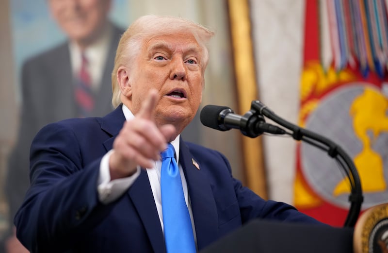 U.S. President Donald Trump announces that his administration has reached a deal with elite law firm Skadden, Arps, Slate, Meagher & Flom during a swearing-in ceremony in the Oval Office at the White House on March 28, 2025 in Washington, DC.