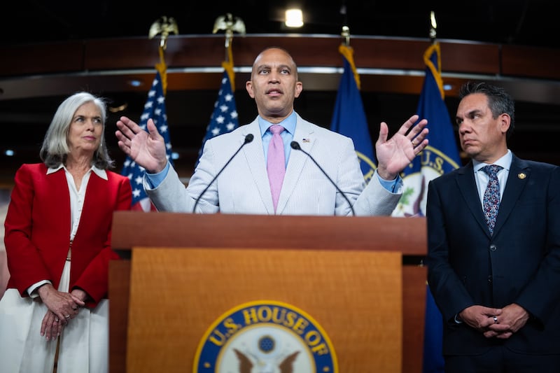 House Minority Leader Hakeem Jeffries, along with Democratic Caucus Chairman Pete Aguilar and House Minority Whip Katherine Clark, hold a news conference on July 23, 2025 where Jeffries accused Republicans of protecting the "lifestyles of the rich and shameless."