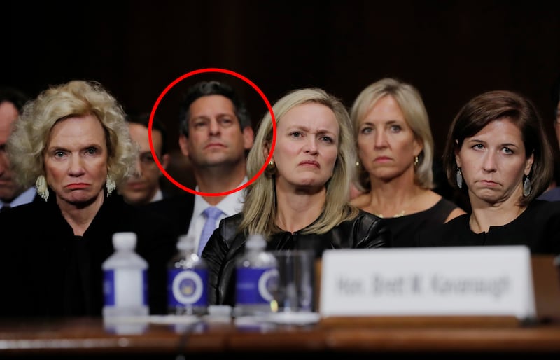 Joel Kaplan sits behind family members of of U.S. Supreme Court nominee Brett Kavanaugh. Kaplan is shown in the red circle