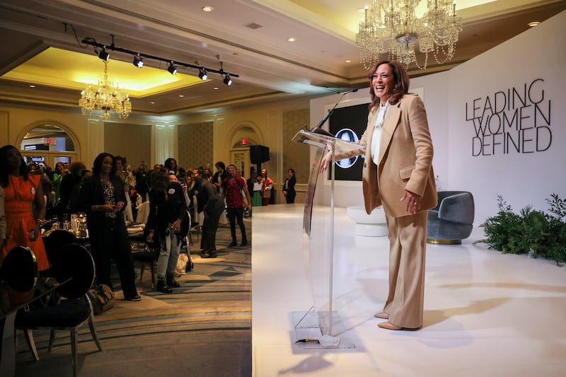 Former Vice President Kamala Harris greets the crowd before speaking at the Leading Women Defined Summit at the Ritz-Carlton on Thursday, April 3, 2025 in Dana Point, CA.