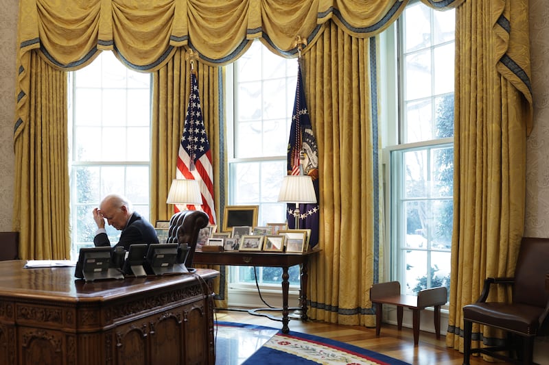 President Joe Biden pauses during a briefing on the Los Angeles wildfires in the Oval Office of the White House on January 10, 2025 in Washington, D.C.