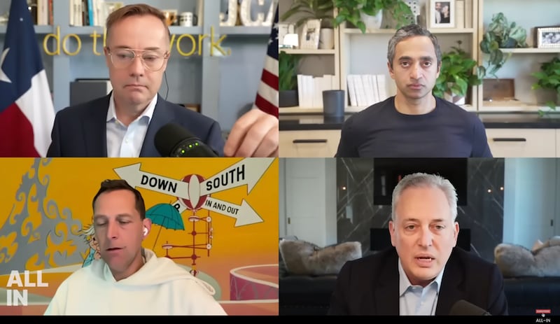 The All In podcast hosts during Saturday’s episode. They are Jason Calacanis (top left), Chamath Palihapitiya (top right), David Friedberg (bottom left), and David Sacks (bottom right).