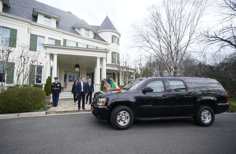 Taoiseach Leo Varadkar and partner Matt Barrett arrive for a breakfast hosted by US Vice President Kamala Harris at her official residence in Washington, DC, during his visit to the US for St Patrick's Day. Picture date: Friday March 15, 2024. (Photo by Niall Carson/PA Images via Getty Images)
