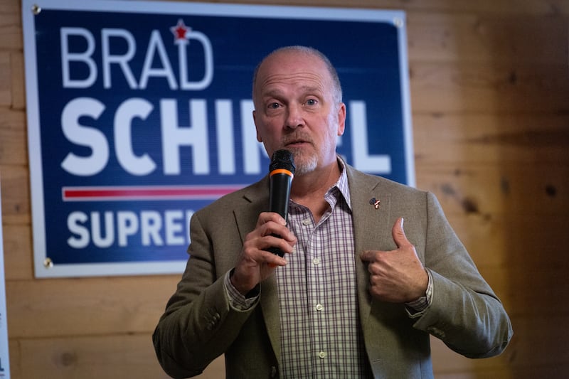 Circuit Court Judge Brad Schimel, candidate for the Wisconsin Supreme Court, speaks to supporters during a campaign stop on March 25, 2025 in Jefferson, Wisconsin.