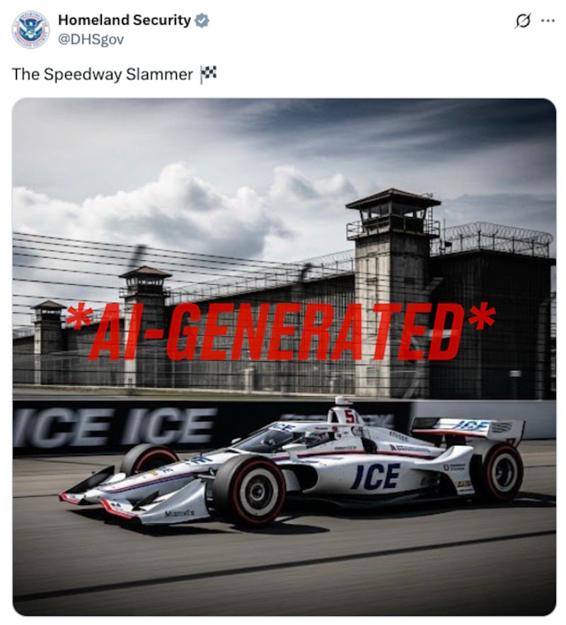 The DHS shared an image hailing the “Speedway Slammer,” showing an IndyCar with “ICE” on its side racing past a prison wall.