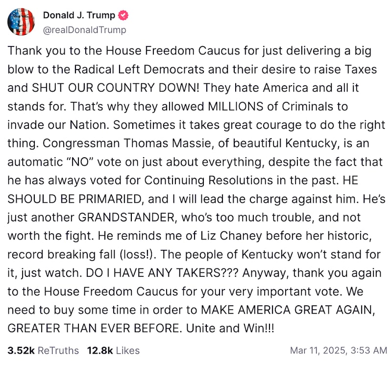A March 10 post by Donald Trump on Truth Social .