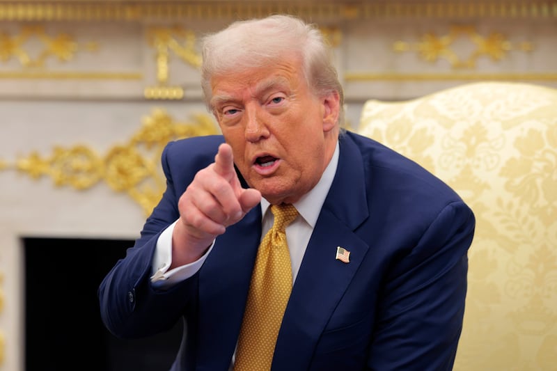 President Donald Trump delivers remarks during a meeting with Philippine President Ferdinand Marcos Jr. in the Oval Office