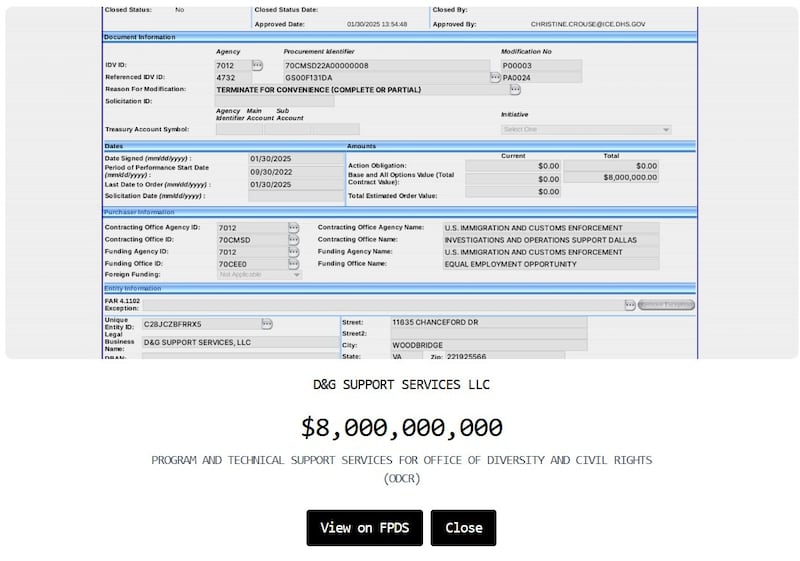 DOGE’s erroneous contract cancelation of $8 billion that was actually $8 million (as shown in their own screenshot linked to its website).