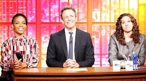 A photo illustration of Amber Ruffin, host Seth Meyers and Jenny Hagel during 'Jokes Seth Can't Tell' sketch.