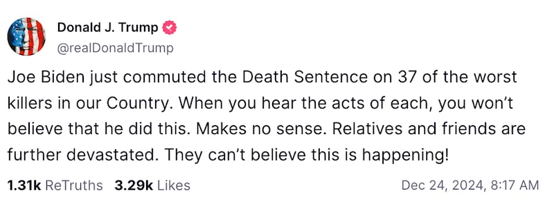 A post by Donald Trump on his Truth Social platform.