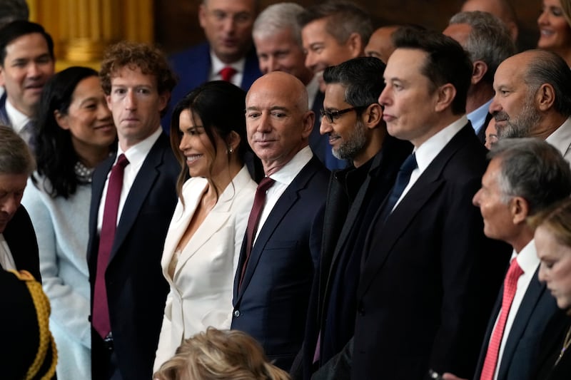 WASHINGTON, DC - JANUARY 20: Guests including Mark Zuckerberg, Lauren Sanchez, Jeff Bezos, Sundar Pichai and Elon Musk attend the Inauguration of Donald J. Trump in the U.S. Capitol Rotunda on January 20, 2025 in Washington, DC. Donald Trump takes office for his second term as the 47th president of the United States.
