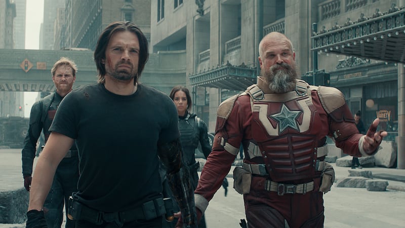John Walker, Sebastian Stan, Hannah John-Kamen, and David Harbour in Thunderbolts.