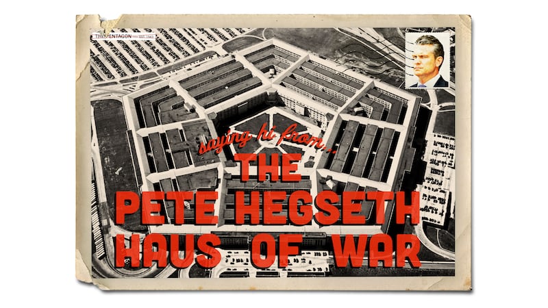 Vintage inspired postcard of the Pentagon being renamed "The Pete Hegseth Haus of War"