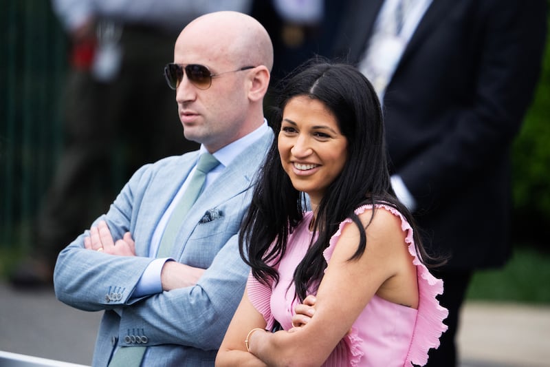 Stephen Miller (left), White House deputy chief of staff, and his wife, Katie Miller, an aide for DOGE, attend the White House Easter Egg Roll.