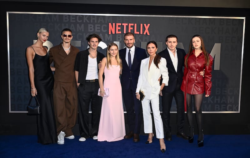 L-R) Mia Regan, Romeo Beckham, Cruz Beckham, Harper Beckham, David Beckham, Victoria Beckham, Brooklyn Peltz Beckham and Nicola Peltz Beckham