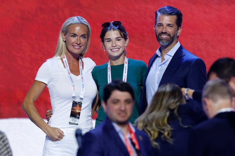 (L-R) Vanessa Trump, Kai Trump and Donald Trump Jr., stand on stage before the start of the third day of the Republican National Convention at the Fiserv Forum on July 17, 2024 in Milwaukee, Wisconsin.