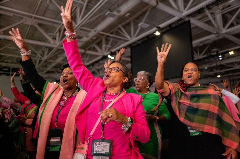 Members of the Alpha Kappa Alpha Sorority chant "four more years" as U.S. Vice President Kamala Harris speaks at the Kay Bailey Hutchison Convention Center on July 10, 2024 in Dallas, Texas.