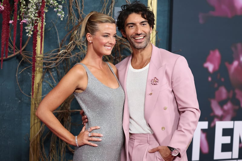 Justin Baldoni and his wife, Emily Baldoni, attend the New York premiere of "It Ends With Us" on August 6, 2024.
