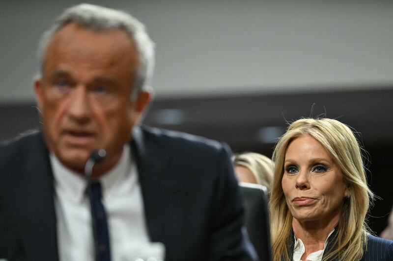 Cheryl Hines (R) looks on as US Secretary of Health and Human Services nominee Robert F. Kennedy Jr. testifies during a Senate Finance Committee hearing on his nomination to be Health and Human Services Secretary, on Capitol Hill in Washington, DC, January 29, 2025. (Photo by ANDREW CABALLERO-REYNOLDS / AFP) (Photo by ANDREW CABALLERO-REYNOLDS/AFP via Getty Images)