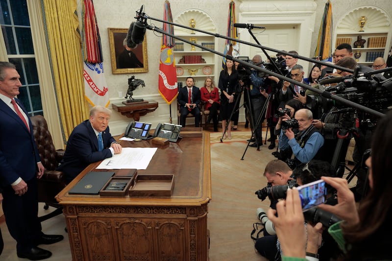 President Donald Trump speaks to reporters after signing Interior Secretary Doug Burghum's commission in the Oval Office on Jan. 31, 2025 in Washington, DC.