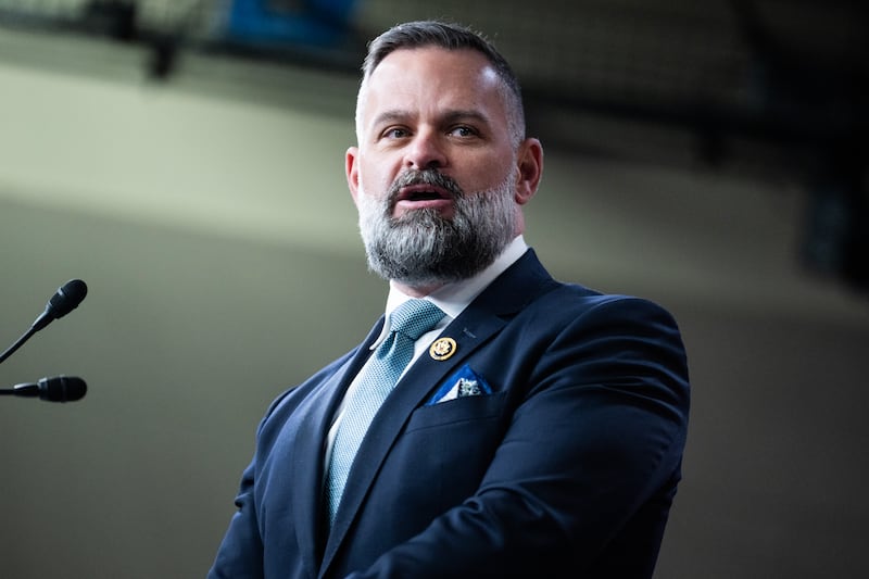 Rep. Cory Mills, R-Fla., speaks during a news conference in the Capitol Visitor Center on Tuesday, February 6, 2024.