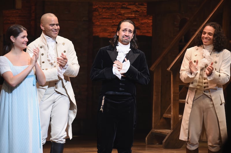 Phillipa Soo, Christopher Jackson, Lin-Manuel Miranda and Anthony Ramos attend Lin-Manuel Miranda's final performance of "Hamilton" on Broadway