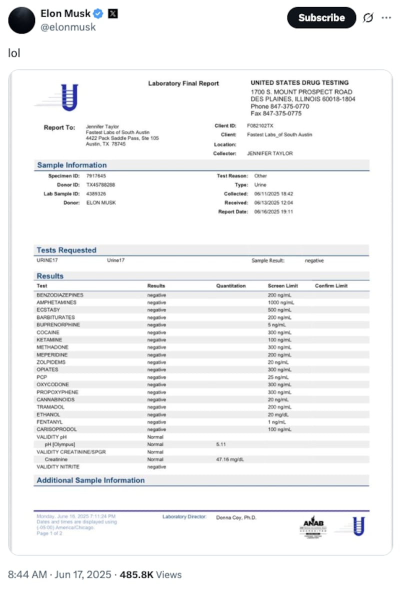 A screenshot of Musk's drug test results coming up negative.