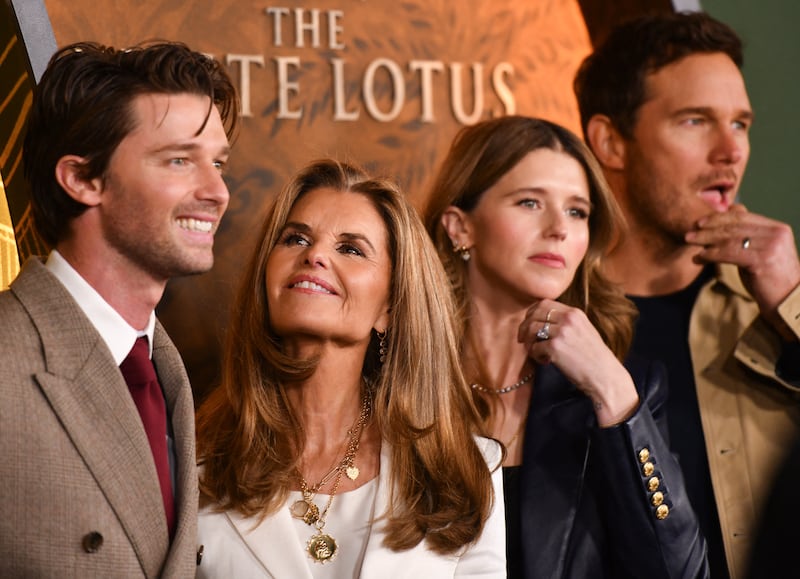 (From L) Patrick Schwarzenegger with his mother Maria Shriver, sister Katherine Schwarzenegger and her husband actor Chris Pratt.