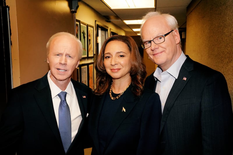 SATURDAY NIGHT LIVE -- Episode 1865 -- Pictured: (l-r) Special guests Dana Carvey, Maya Rudolph, and Jim Gaffigan pose together backstage on Saturday, September 28, 2024 -- (Photo by: Rosalind O'Connor/NBC via Getty Images)