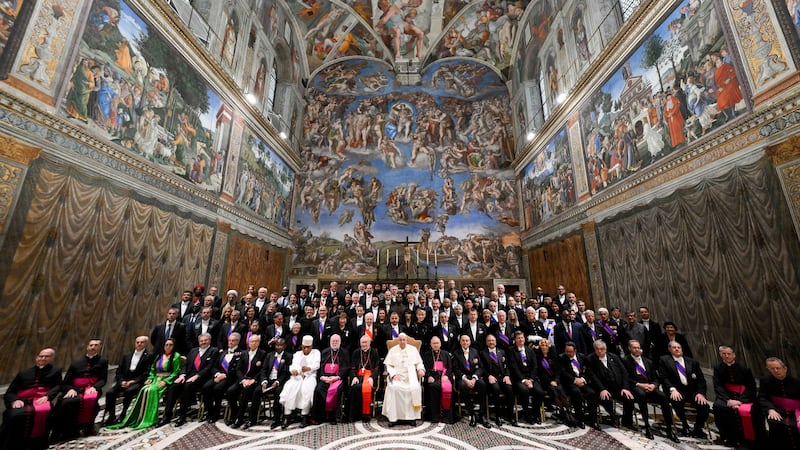 VATICAN CITY, VATICAN - JANUARY 09: EDITOR NOTE: STRICTLY EDITORIAL USE ONLY - NO MERCHANDISING). Pope Francis poses at the Sistine Chapel with Members of the Diplomatic Corps accredited to the Holy See during his ‘State of the World’ address on January 09, 2025 in Vatican City, Vatican. At his annual Audience for Members of the Diplomatic Corps accredited to the Holy See on Thursday, Pope Francis laid out his vision for a ‘diplomacy of hope’ based on truth, forgiveness, freedom, and justice. (Photo by Vatican Media via Vatican Pool/Getty Images)