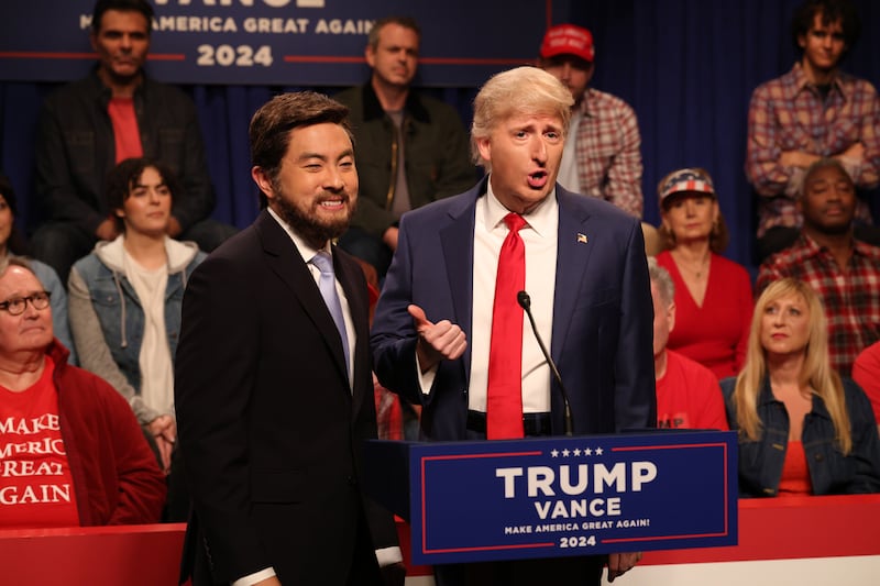 SATURDAY NIGHT LIVE -- Episode 1865 -- Pictured: (l-r) Bowen Yang as JD Vance and James Austin Johnson as Donald Trump during the "Campaign" Cold Open on Saturday, September 28, 2024 -- (Photo by: Will Heath/NBC via Getty Images)