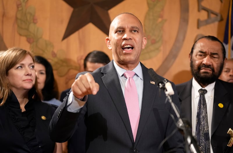 U.S. House Democratic Leader Hakeem Jeffries speaks against Texas redistricting efforts at a news conference at the Texas Capitol in Austin on Thursday.