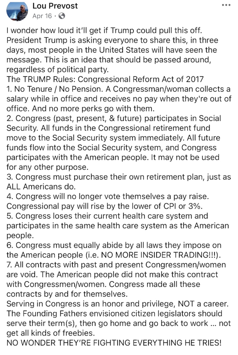 Louis Prevost, 73, is a regular MAGA poster on Facebook, but he has since made his account private.