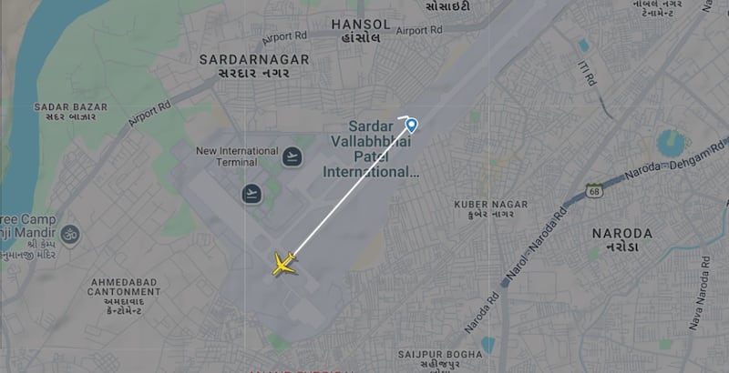 Flight Radar graphic showing the short distance the Air India plane flew before crashing in Ahmedabad.