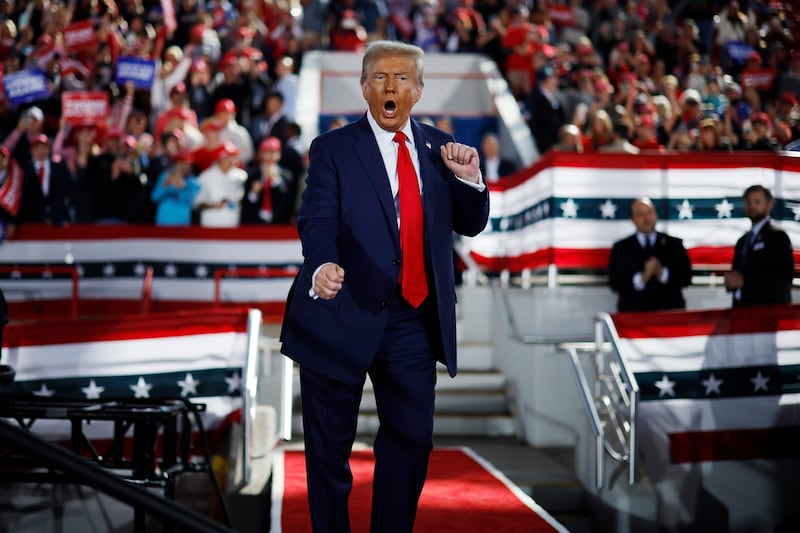 President-elect Donald Trump dances off stage at the conclusion of a campaign rally in Raleigh, North Carolina on November 04, 2024.